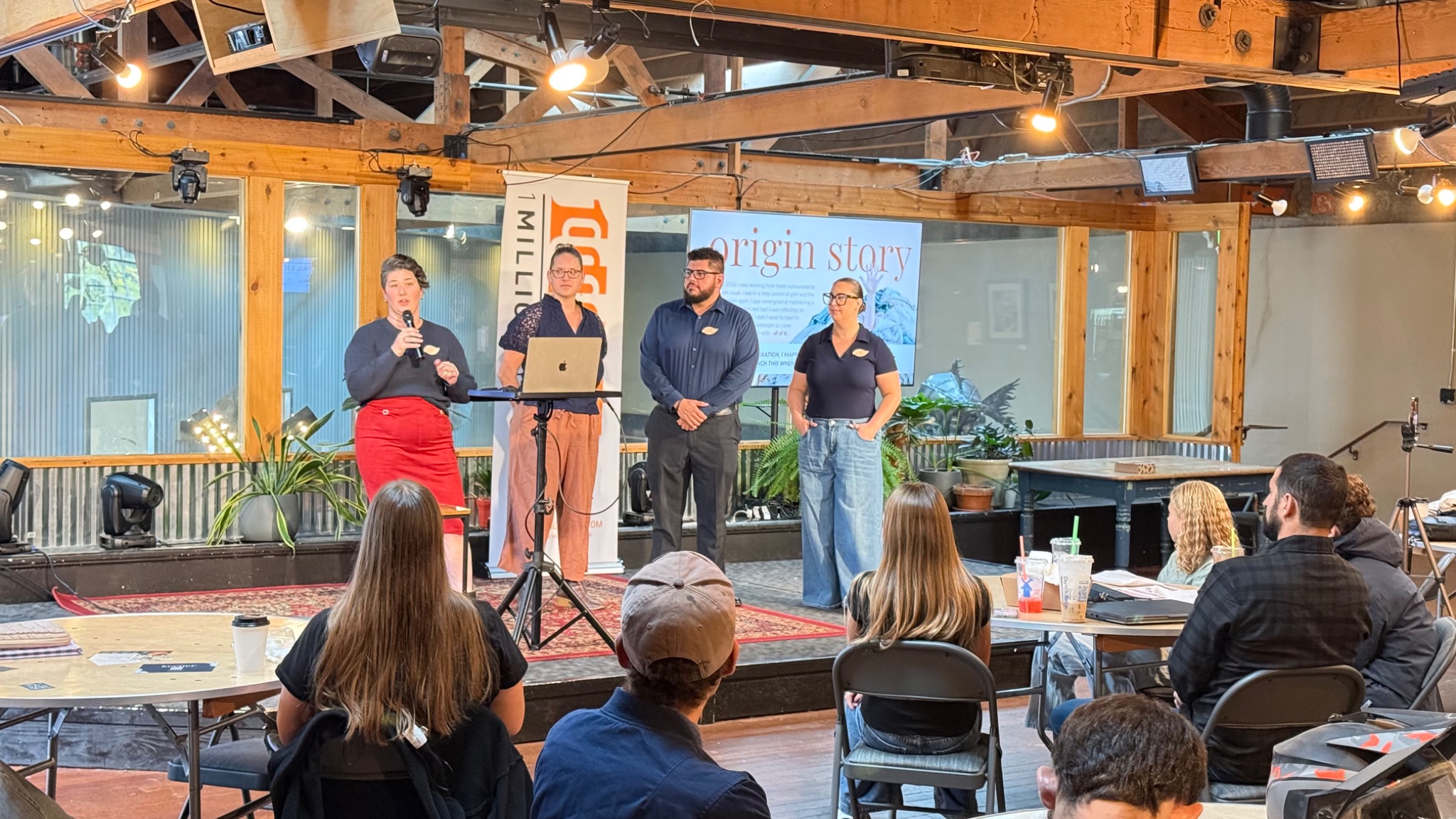 1 Million Cups: Becky, Angelica, Ellen and Andrew (Keeper) & Olivia (Sheek Studios) at The Hivve